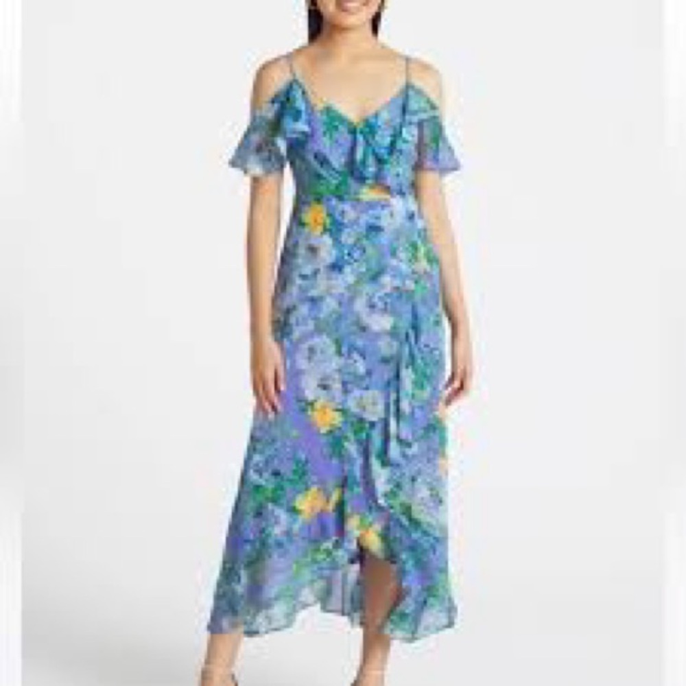 Maggy London Blue Watercolor Floral Ruffle Flowy Midi Dress Feminine NWT Size 4‎